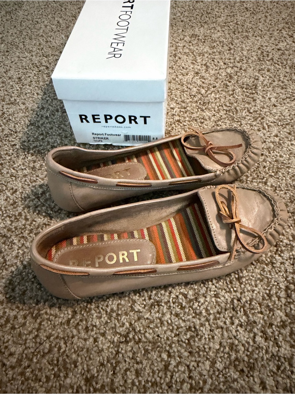 Report Taupe Leather Moccasin Slip-Ons with Bow